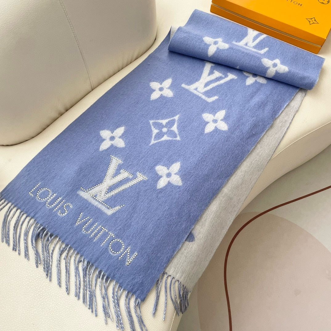 LOUIS VUITTON MONOGRAM FLOWERS SCARF 170 CM IN ELECTRIC BLUE CASHMERE 390976