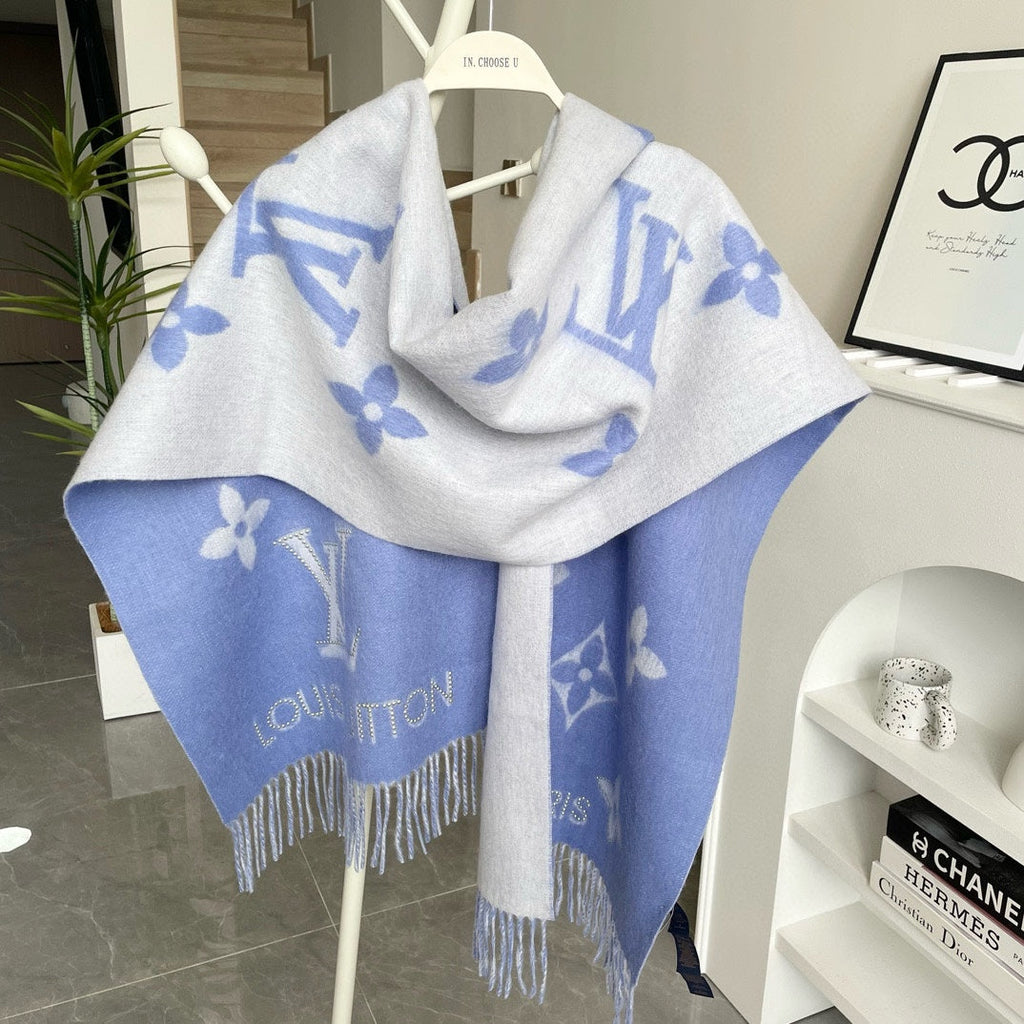 LOUIS VUITTON MONOGRAM FLOWERS SCARF 170 CM IN ELECTRIC BLUE CASHMERE 390976