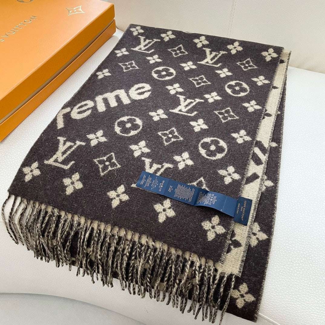 LOUIS VUITTON SUPREME X MONOGRAM 180 CM SCARF IN UMBER BROWN WOOL AND CASHMERE 392941
