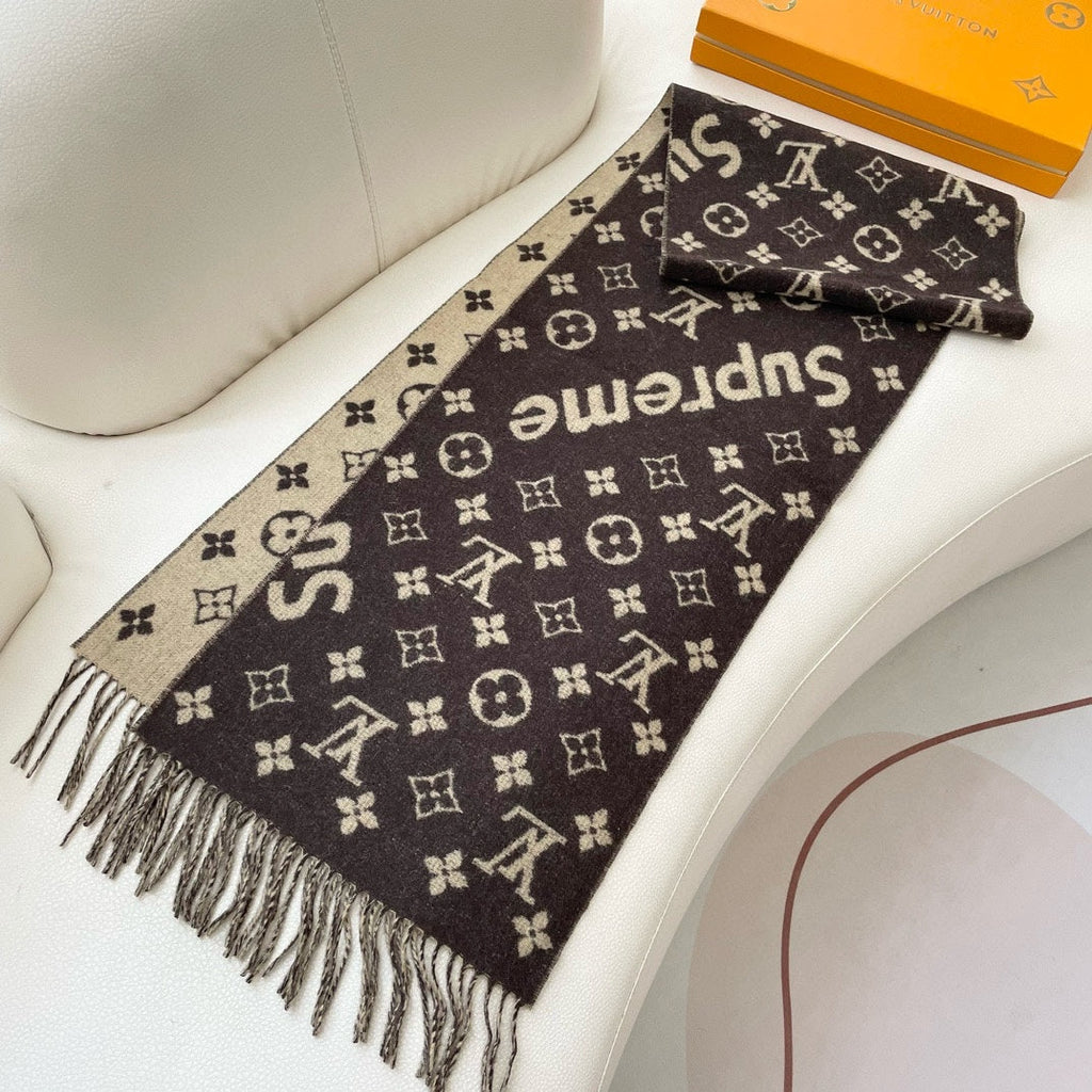 LOUIS VUITTON SUPREME X MONOGRAM 180 CM SCARF IN UMBER BROWN WOOL AND CASHMERE 392941