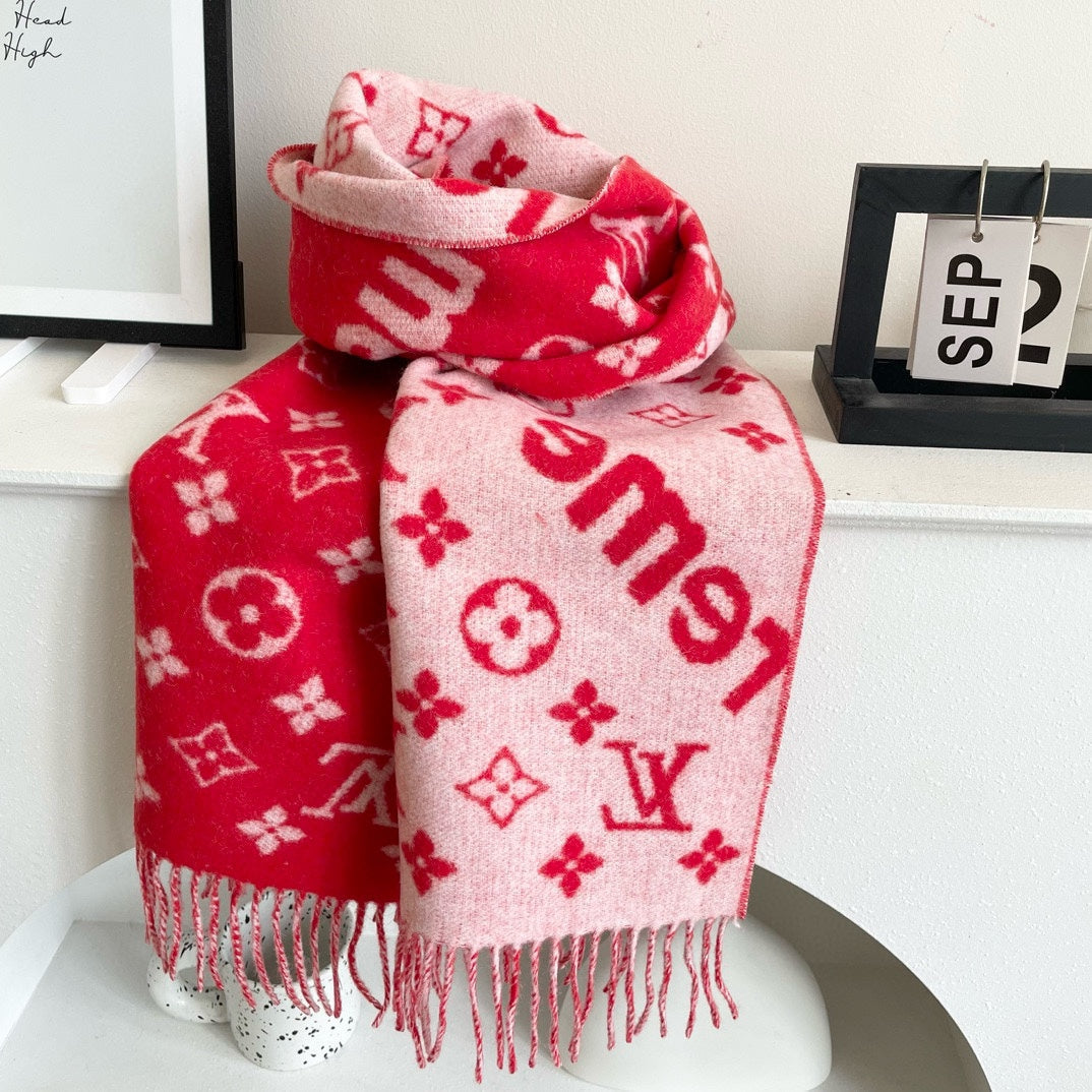LOUIS VUITTON SUPREME X MONOGRAM 180 CM SCARF IN CHERRY RED WOOL AND CASHMERE 392942