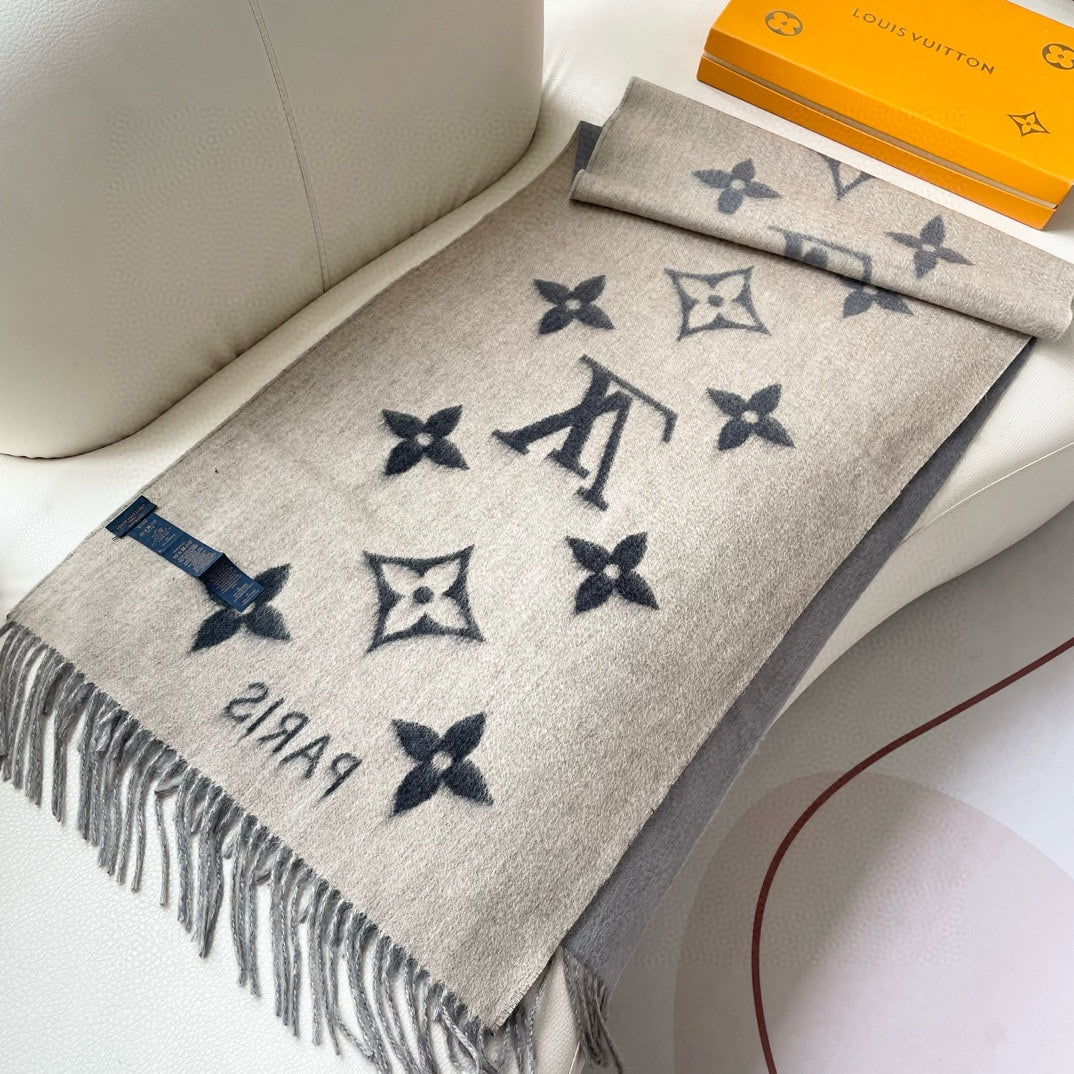 LOUIS VUITTON REYKJAVIK GRADIENT SCARF 220 CM IN DOVE GRAY MIX CAMEL BROWN CASHMERE 399737