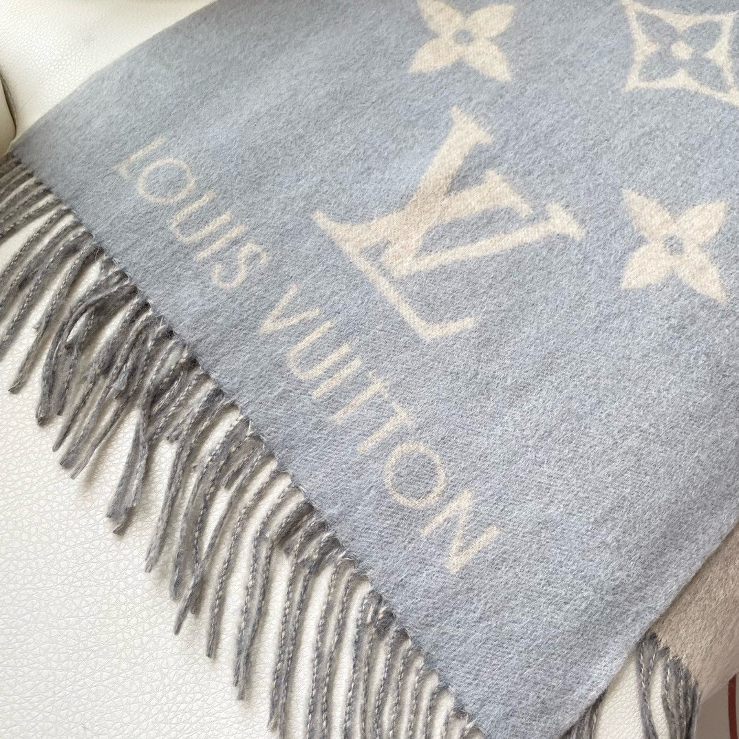 LOUIS VUITTON REYKJAVIK GRADIENT SCARF 220 CM IN DOVE GRAY MIX CAMEL BROWN CASHMERE 399737