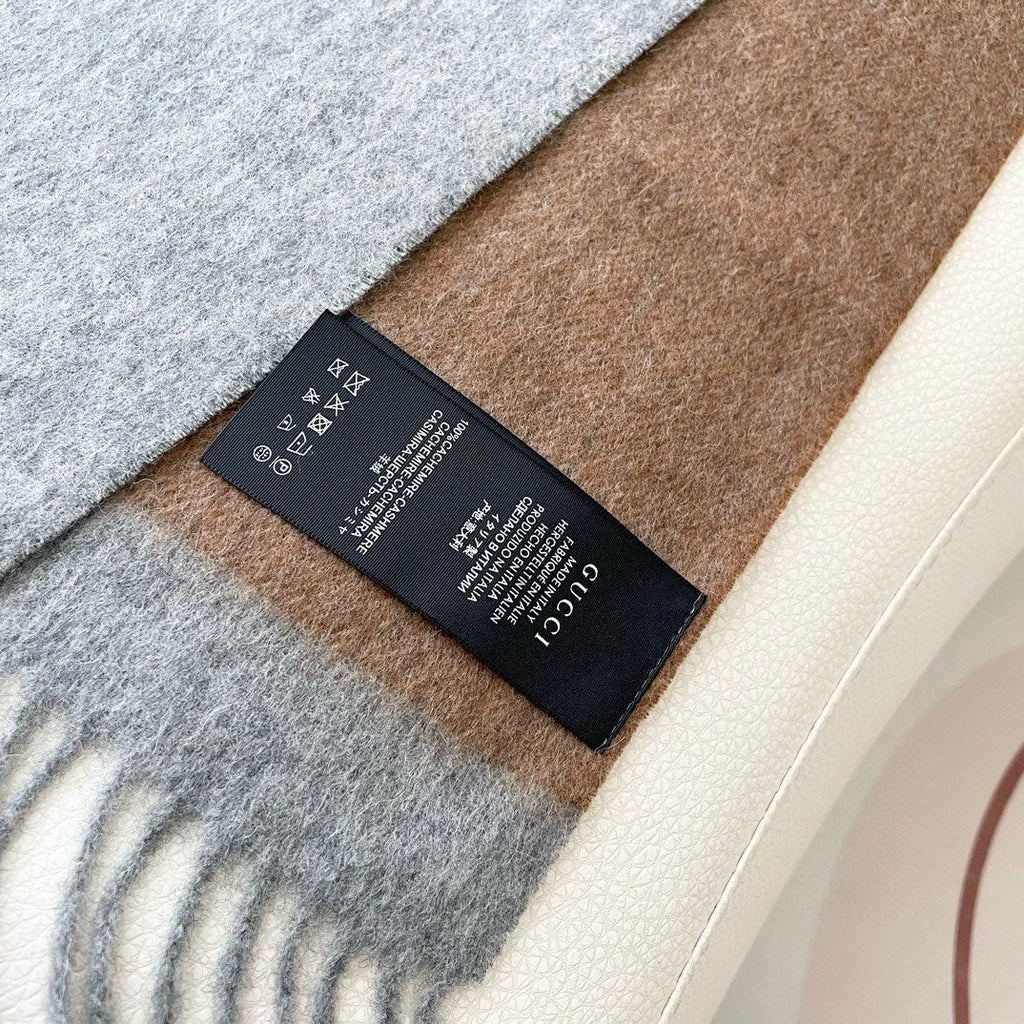 GUCCI SCARF 190 CM IN DOVE GRAY MIX CAMEL BEIGE CASHMERE AND WOOL 399761