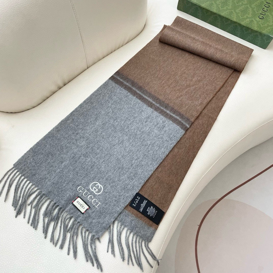 GUCCI SCARF 190 CM IN DOVE GRAY MIX CAMEL BEIGE CASHMERE AND WOOL 399761