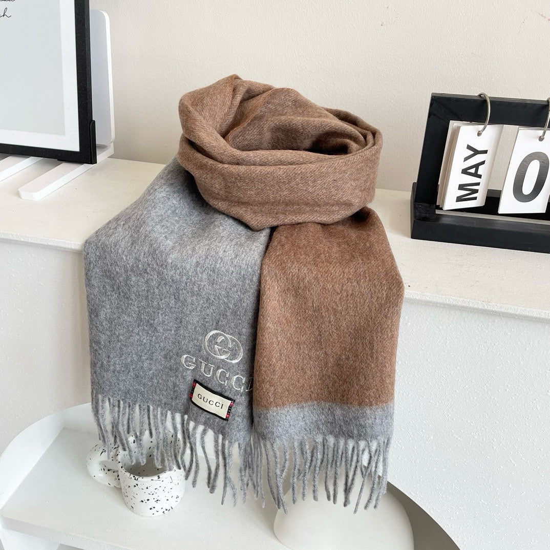 GUCCI SCARF 190 CM IN DOVE GRAY MIX CAMEL BEIGE CASHMERE AND WOOL 399761