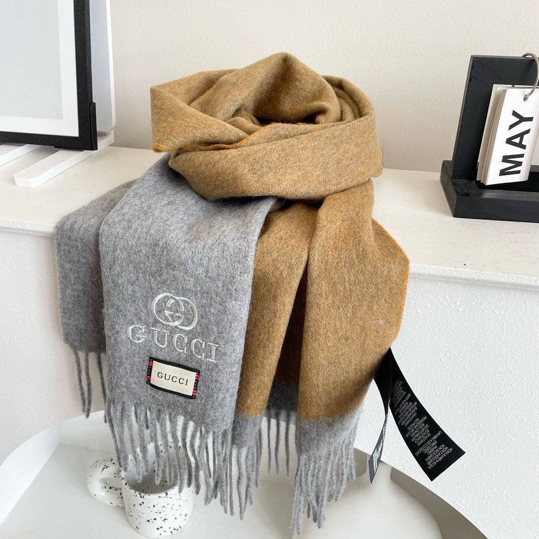 GUCCI SCARF 190 CM IN DOVE GRAY MIX TORTILLA BROWN CASHMERE AND WOOL 399763