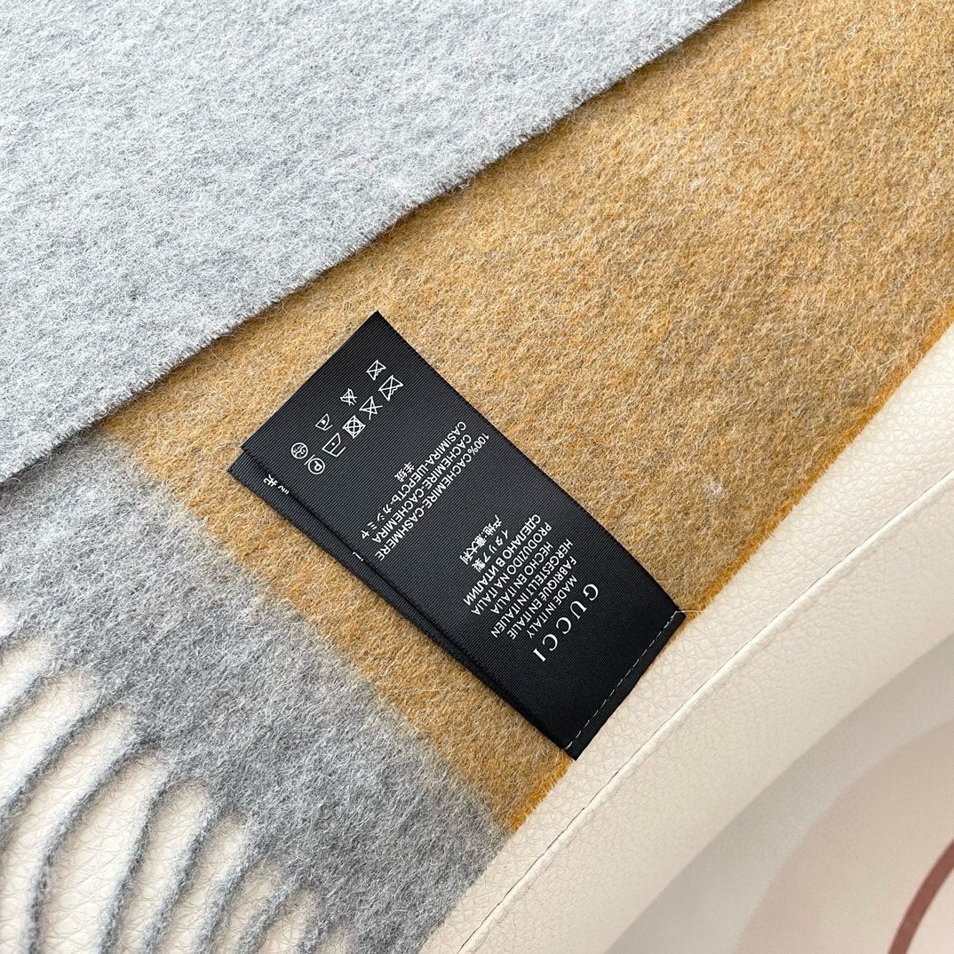 GUCCI SCARF 190 CM IN DOVE GRAY MIX TORTILLA BROWN CASHMERE AND WOOL 399763