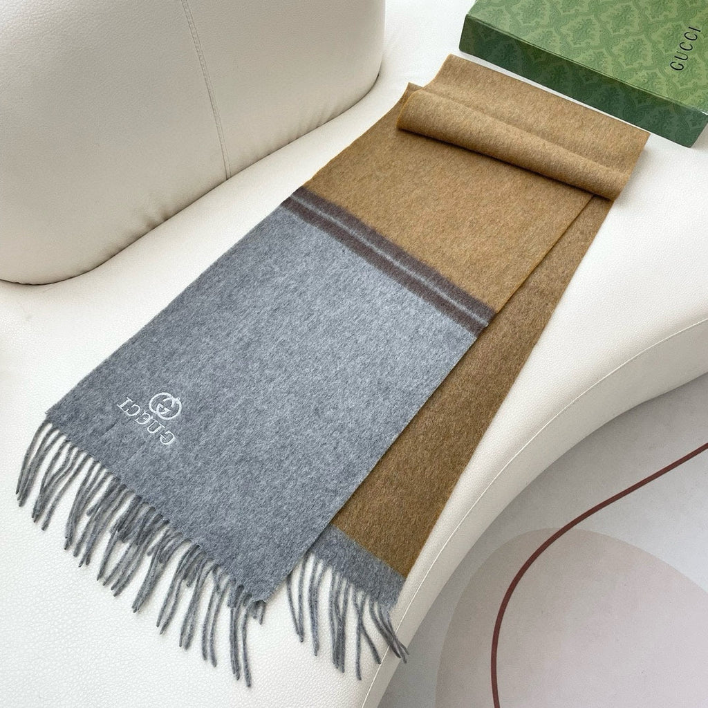 GUCCI SCARF 190 CM IN DOVE GRAY MIX TORTILLA BROWN CASHMERE AND WOOL 399763