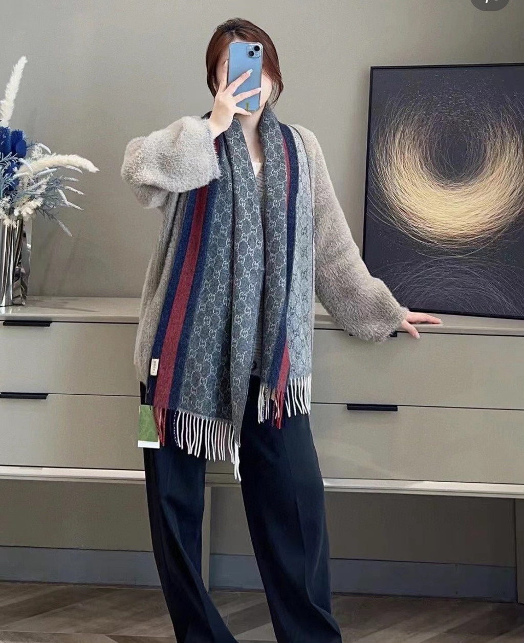 GUCCI SCARF 200 CM IN DARK GRAY MONOGRAM CASHMERE 399764