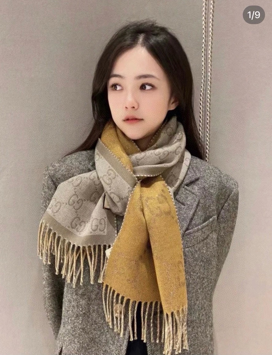 GUCCI SCARF 195 CM IN DIJON YELLOW AND KHAKI BROWN CASHMERE 401403