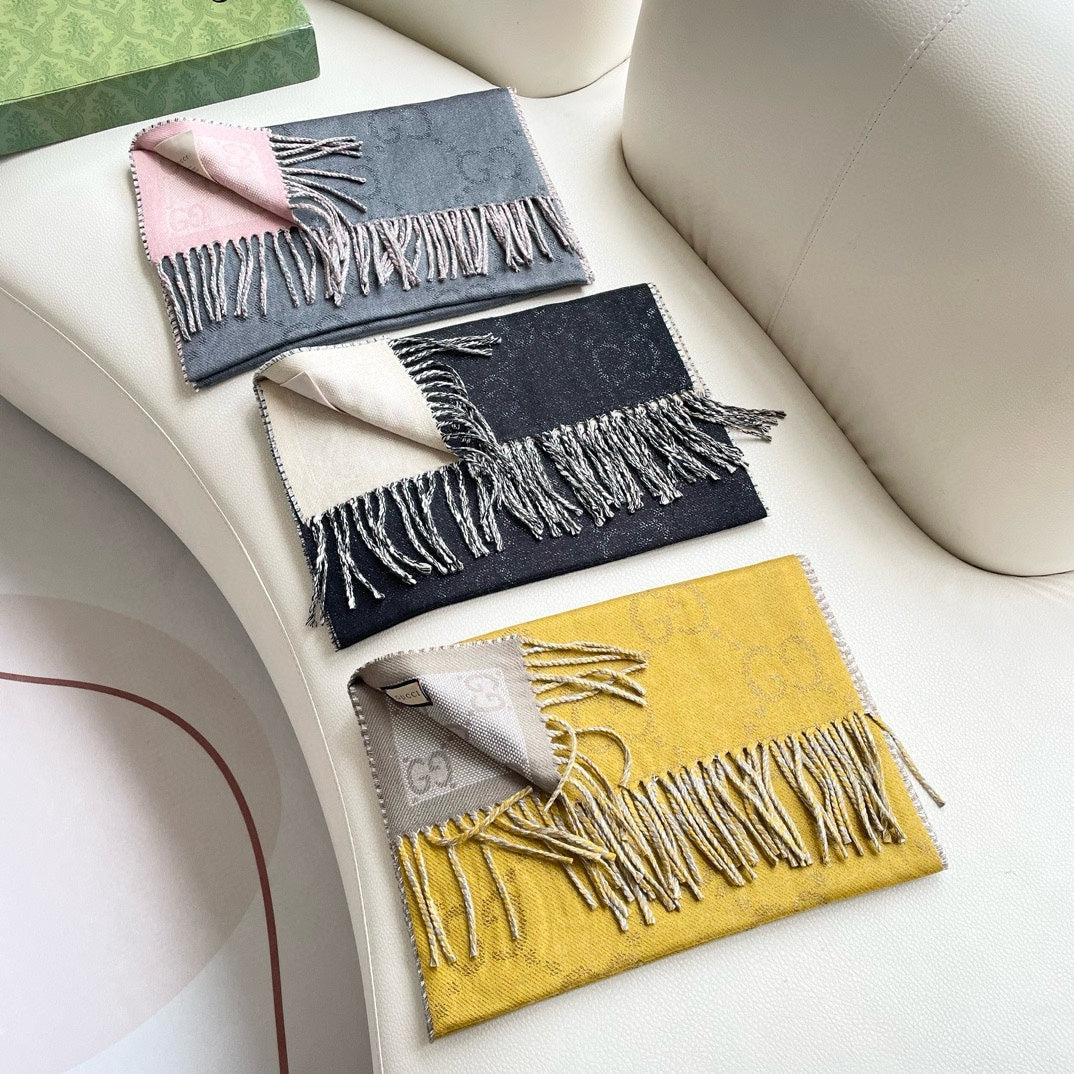 GUCCI SCARF 195 CM IN DIJON YELLOW AND KHAKI BROWN CASHMERE 401403