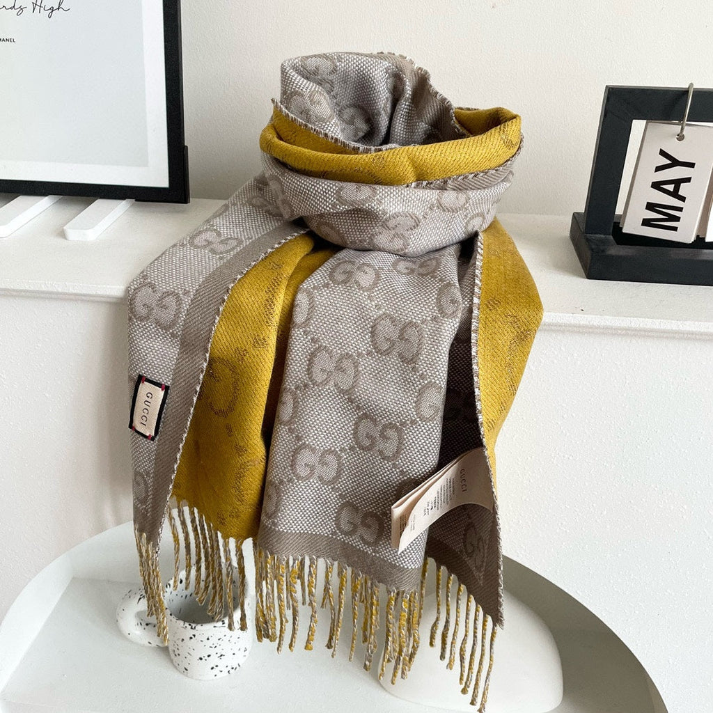 GUCCI SCARF 195 CM IN DIJON YELLOW AND KHAKI BROWN CASHMERE 401403