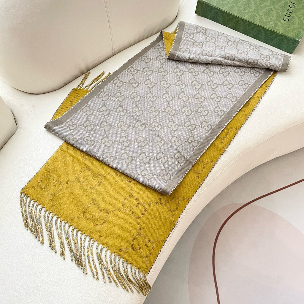 GUCCI SCARF 195 CM IN DIJON YELLOW AND KHAKI BROWN CASHMERE 401403