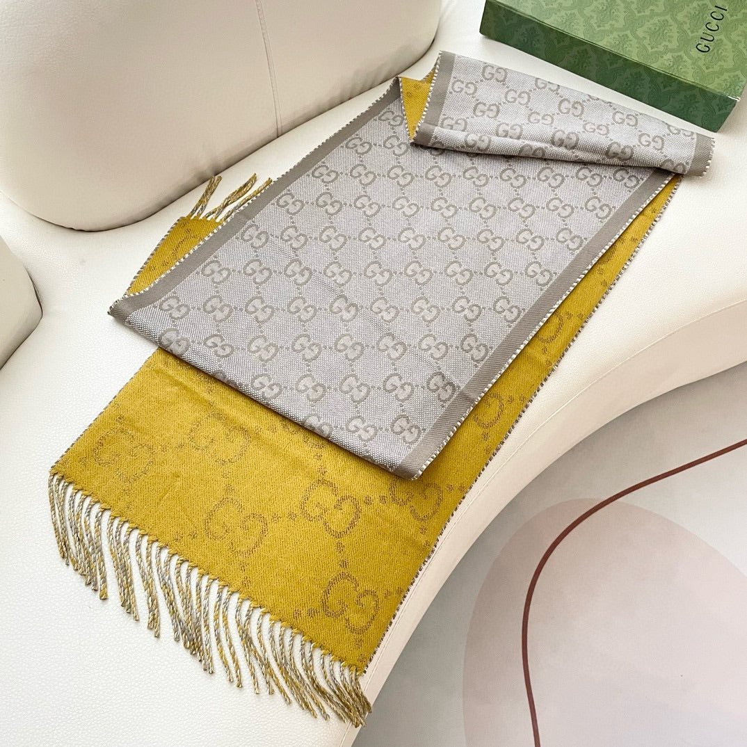 GUCCI SCARF 195 CM IN DIJON YELLOW AND KHAKI BROWN CASHMERE 401403