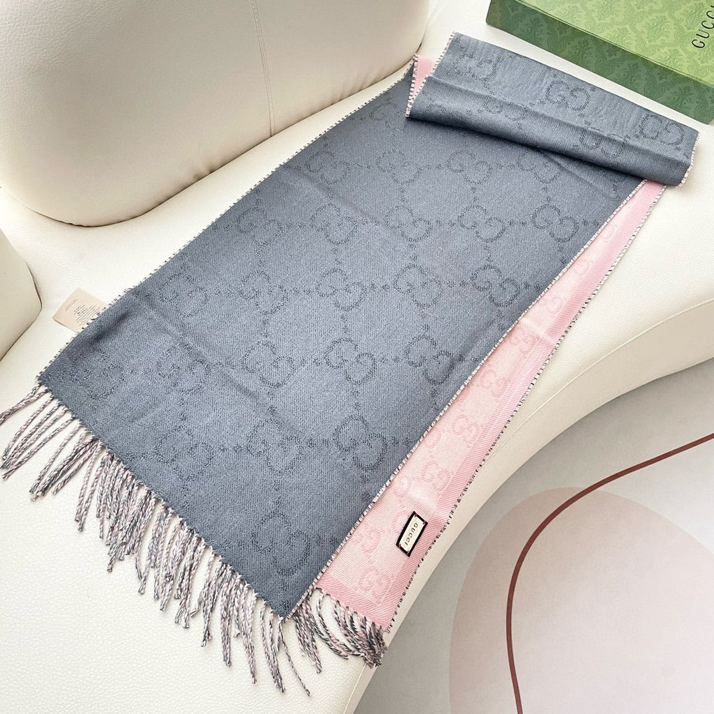 GUCCI SCARF 195 CM IN SHARK GRAY AND LIGHT PINK CASHMERE 401404
