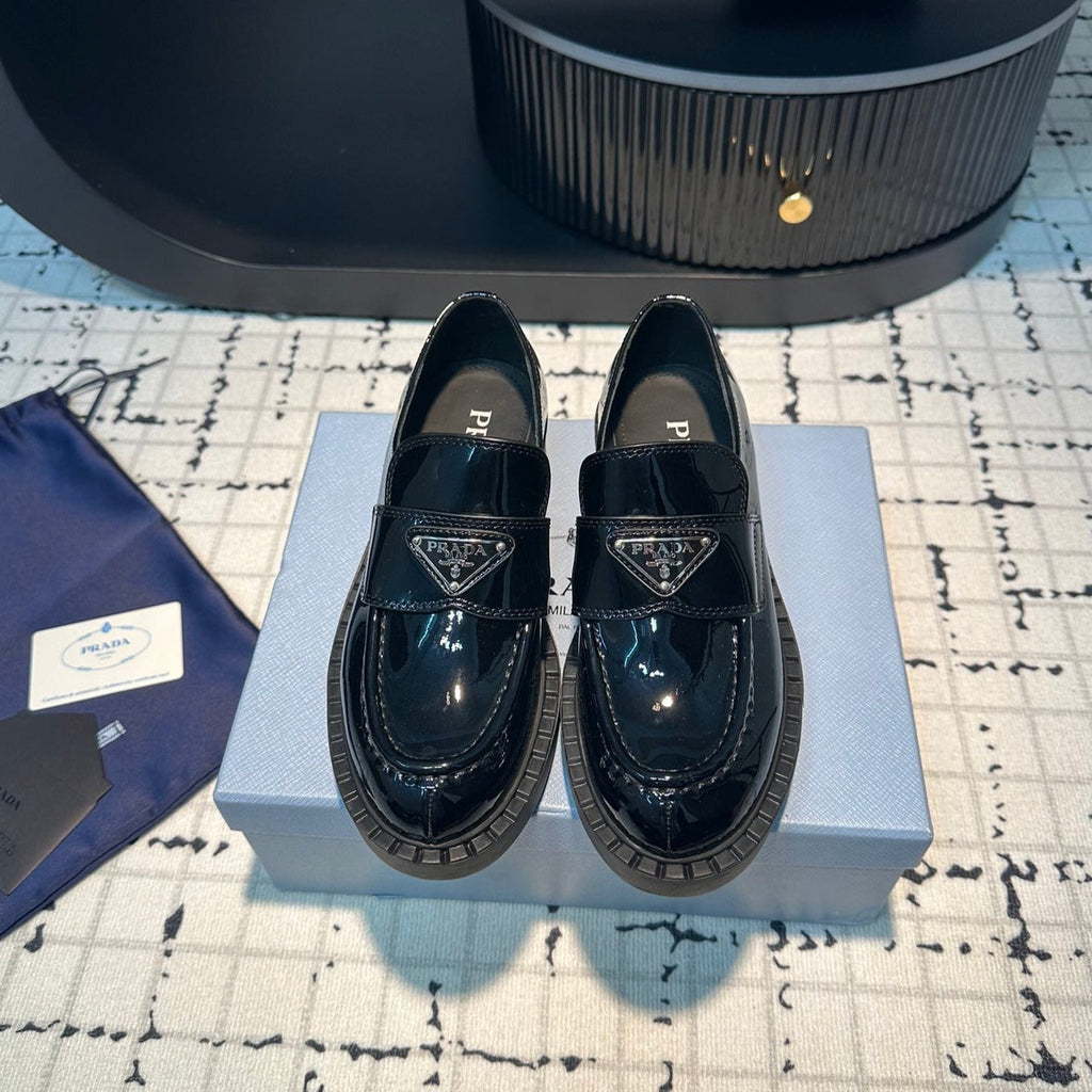PRADA SCHOCOLATE BRUSHED LOAFERS GLOSSY BLACK CALFSKIN