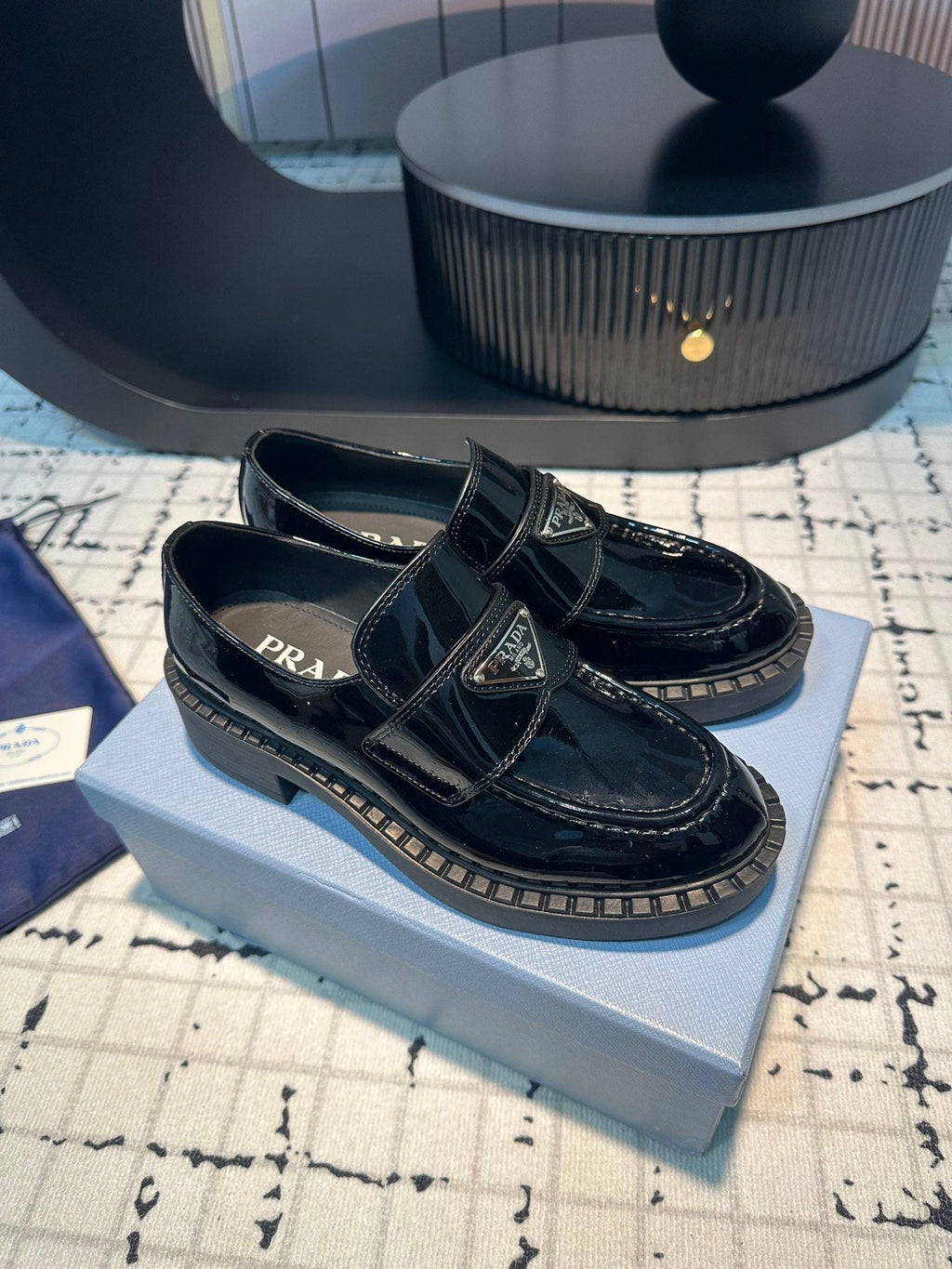 PRADA SCHOCOLATE BRUSHED LOAFERS GLOSSY BLACK CALFSKIN