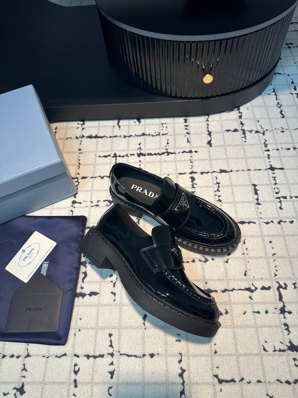 PRADA SCHOCOLATE BRUSHED LOAFERS GLOSSY BLACK CALFSKIN