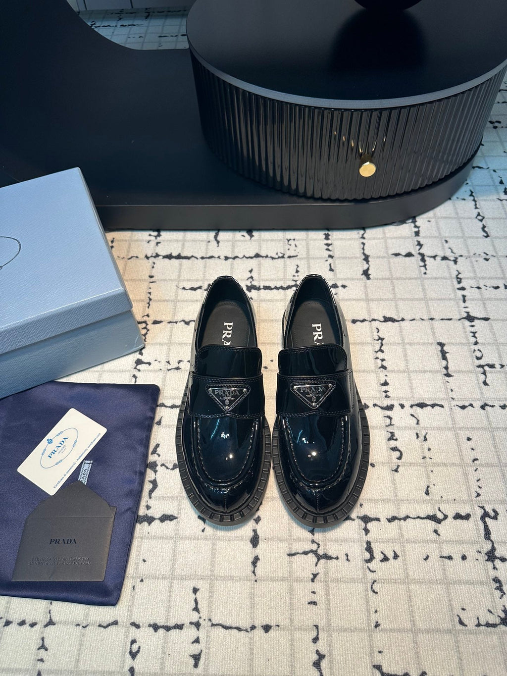 PRADA SCHOCOLATE BRUSHED LOAFERS GLOSSY BLACK CALFSKIN