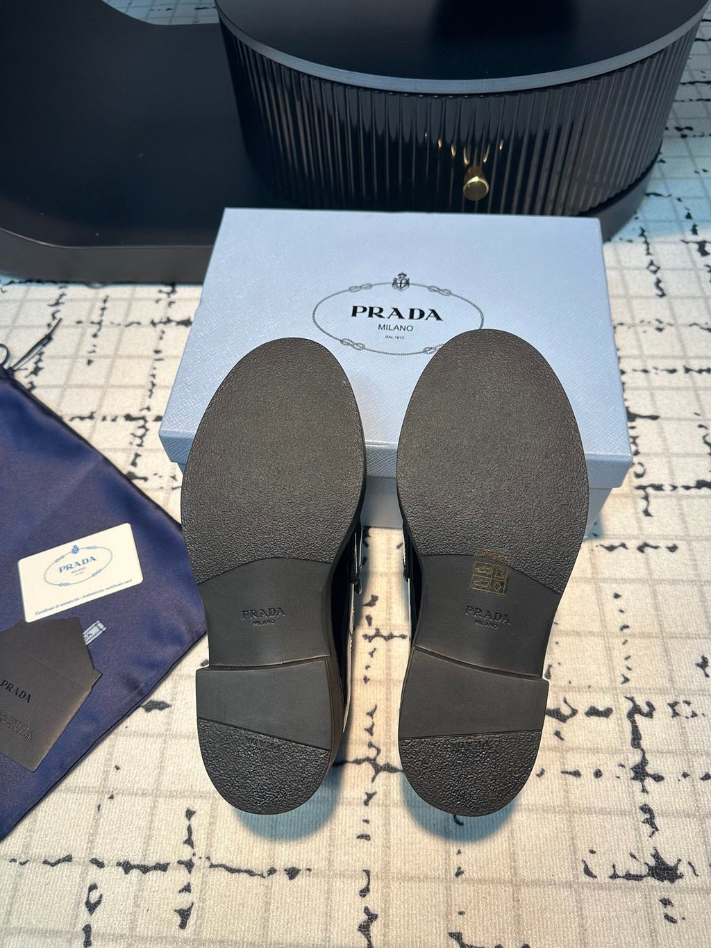 PRADA SCHOCOLATE BRUSHED LOAFERS GLOSSY BLACK CALFSKIN
