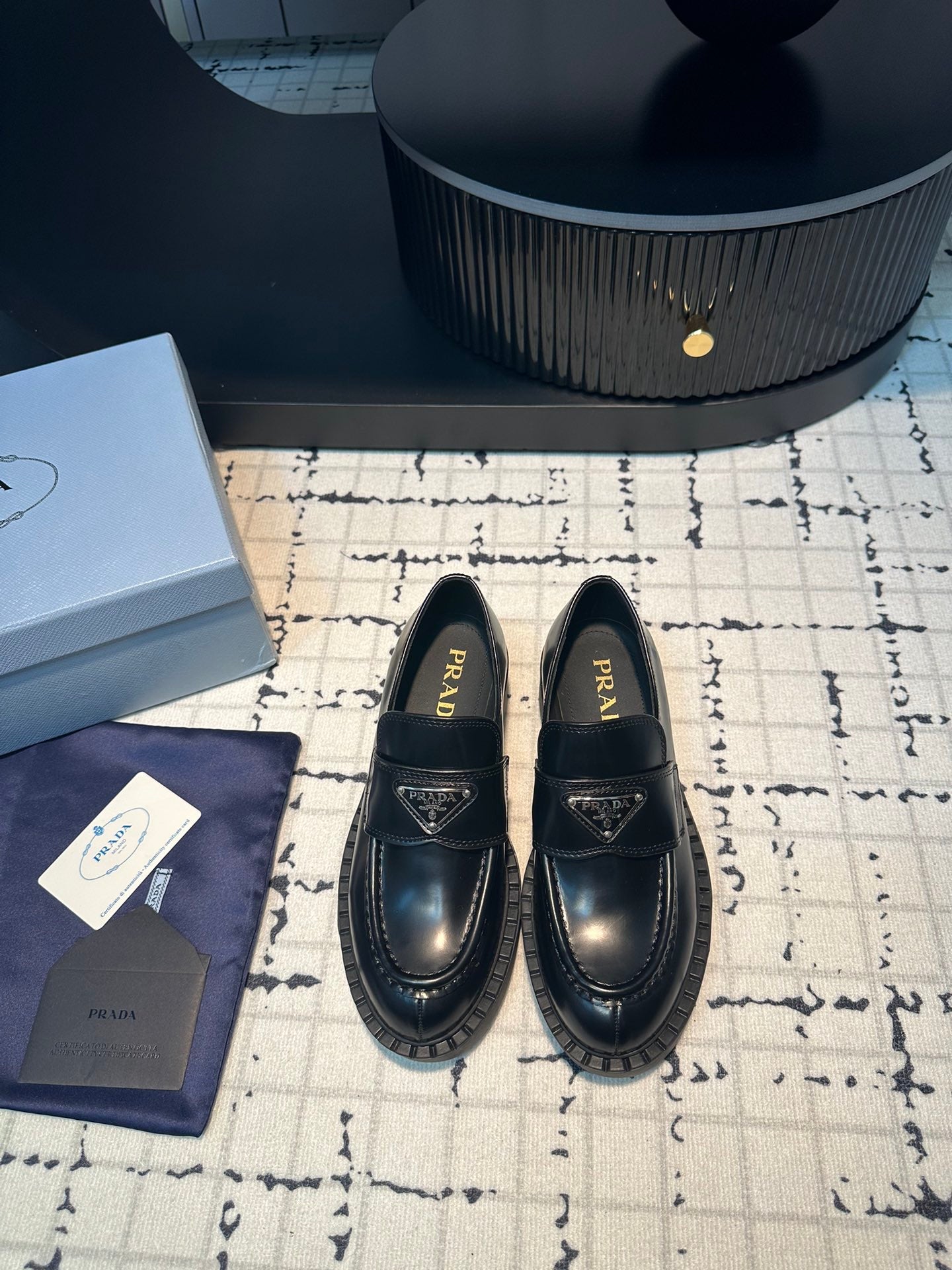 PRADA SCHOCOLATE BRUSHED LOAFERS BLACK CALFSKIN