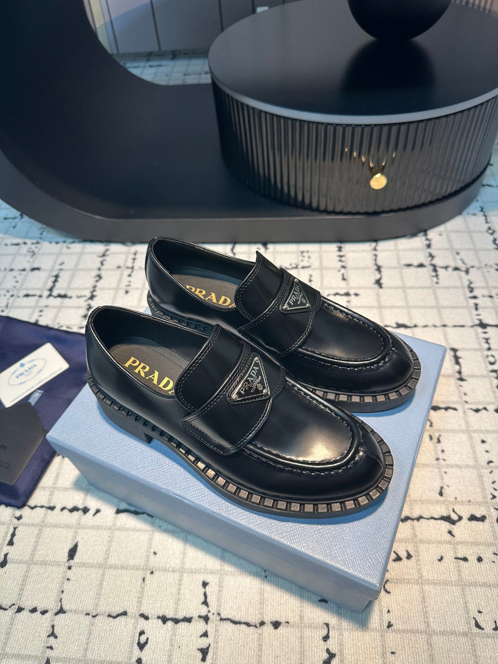 PRADA SCHOCOLATE BRUSHED LOAFERS BLACK CALFSKIN
