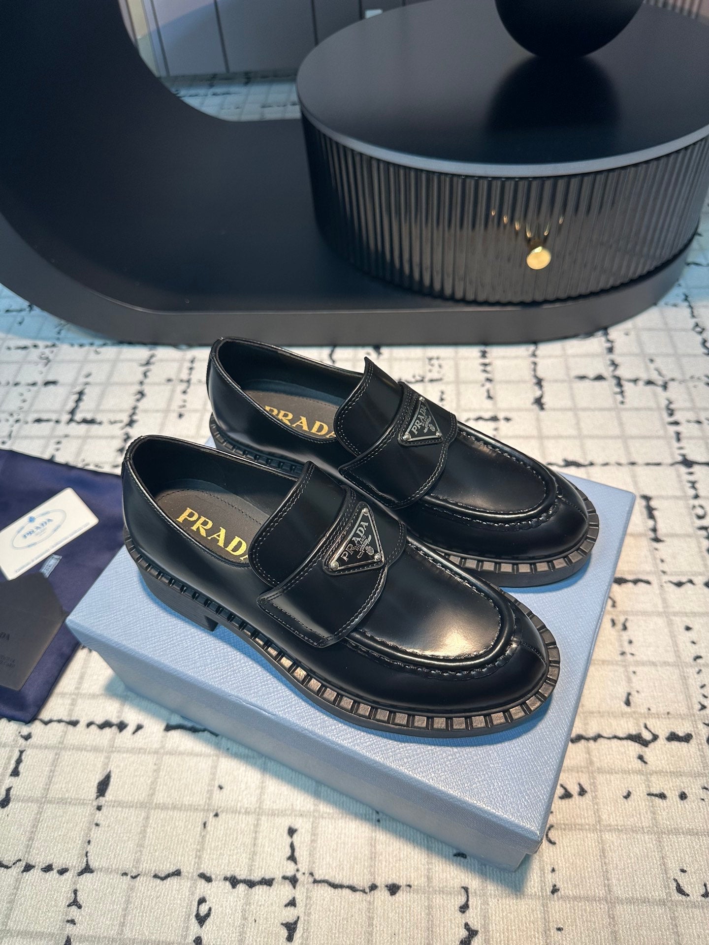 PRADA SCHOCOLATE BRUSHED LOAFERS BLACK CALFSKIN
