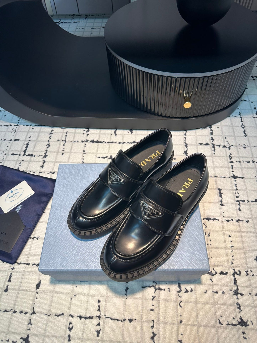 PRADA SCHOCOLATE BRUSHED LOAFERS BLACK CALFSKIN