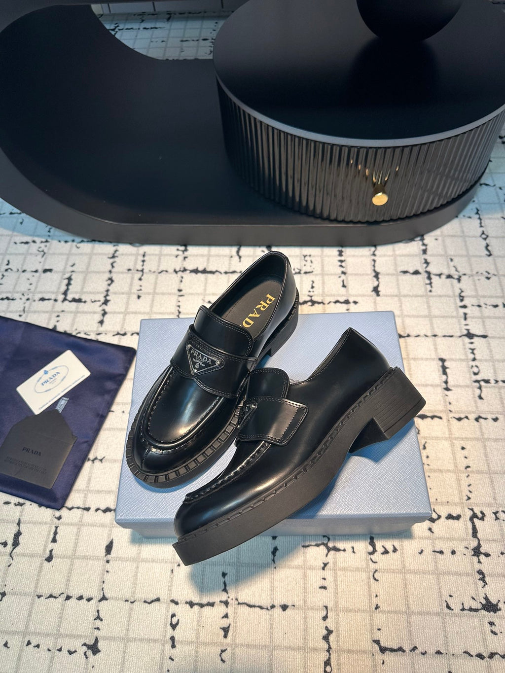 PRADA SCHOCOLATE BRUSHED LOAFERS BLACK CALFSKIN
