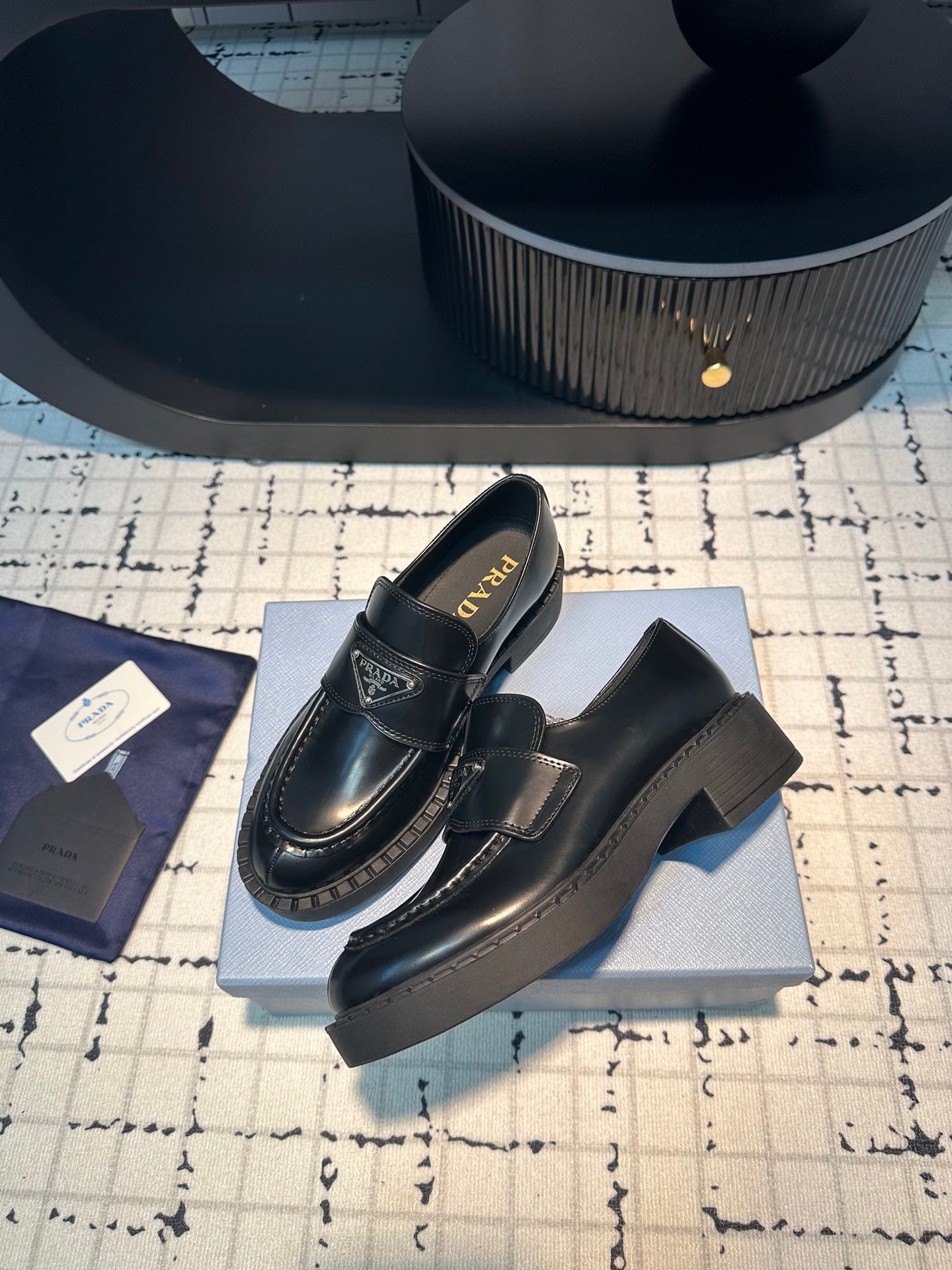PRADA SCHOCOLATE BRUSHED LOAFERS BLACK CALFSKIN