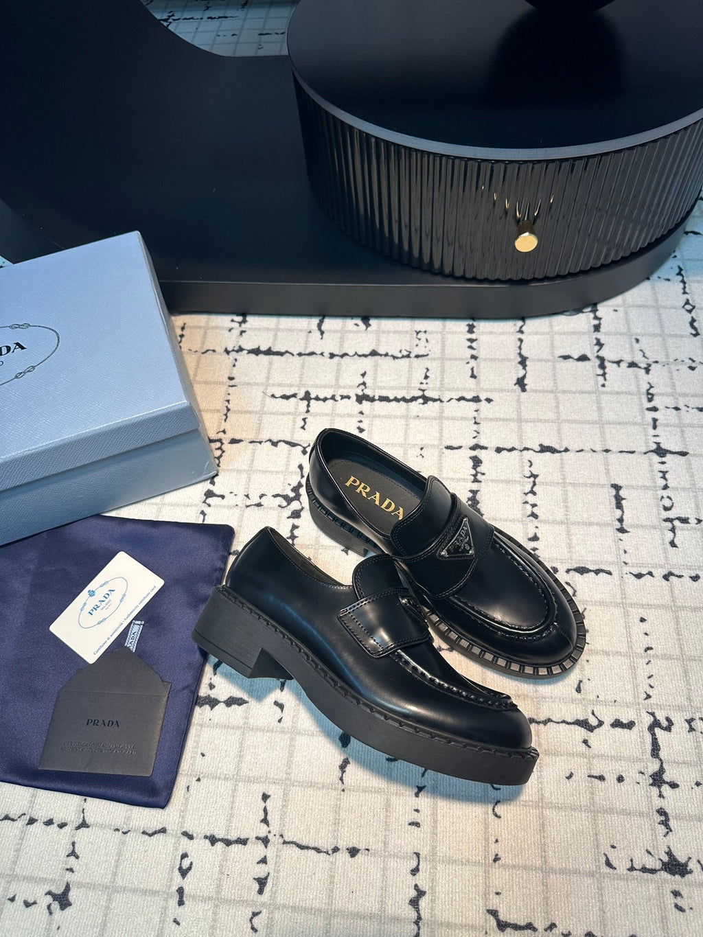 PRADA SCHOCOLATE BRUSHED LOAFERS BLACK CALFSKIN
