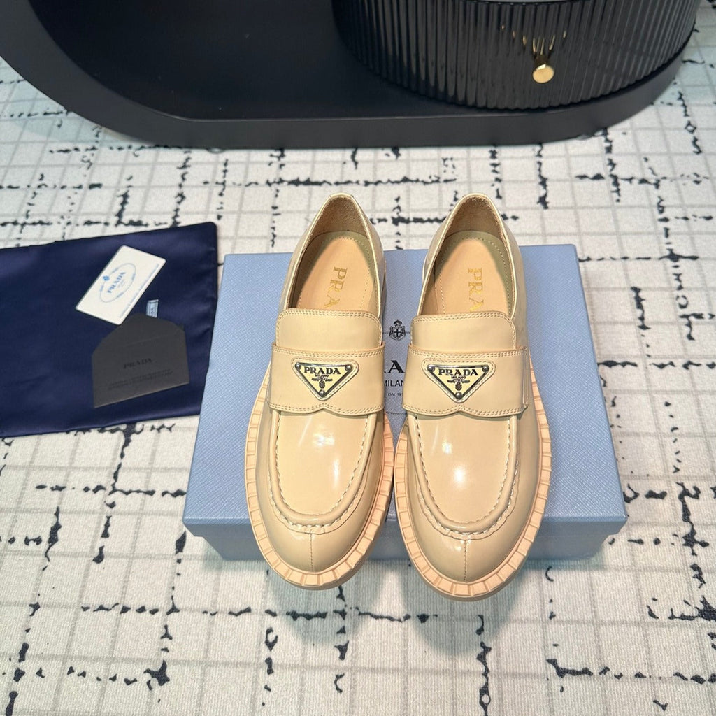 PRADA SCHOCOLATE BRUSHED LOAFERS CREAM CALFSKIN