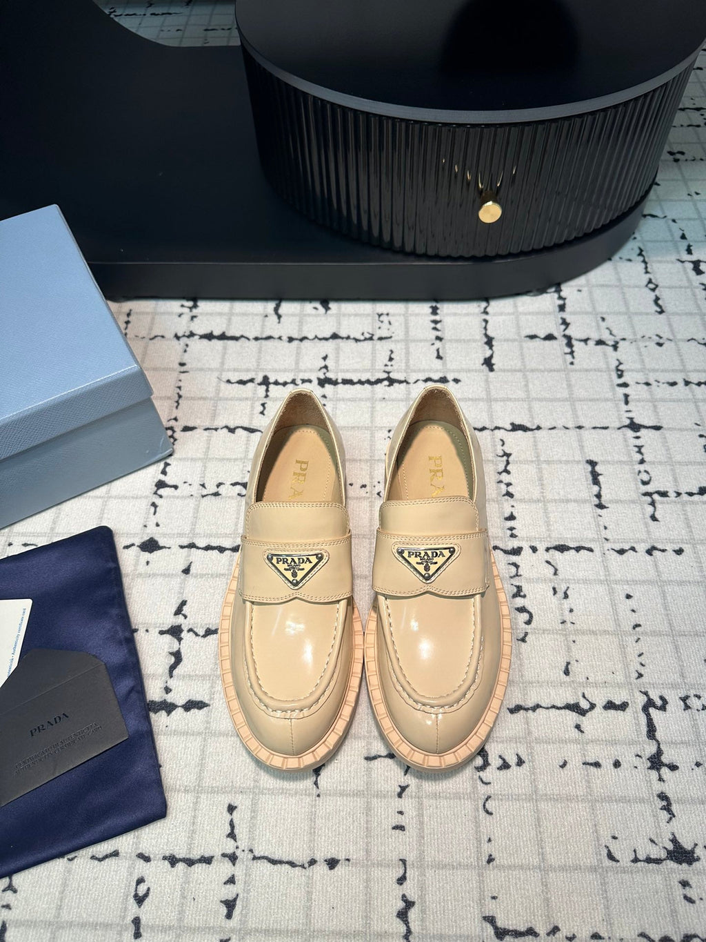 PRADA SCHOCOLATE BRUSHED LOAFERS CREAM CALFSKIN