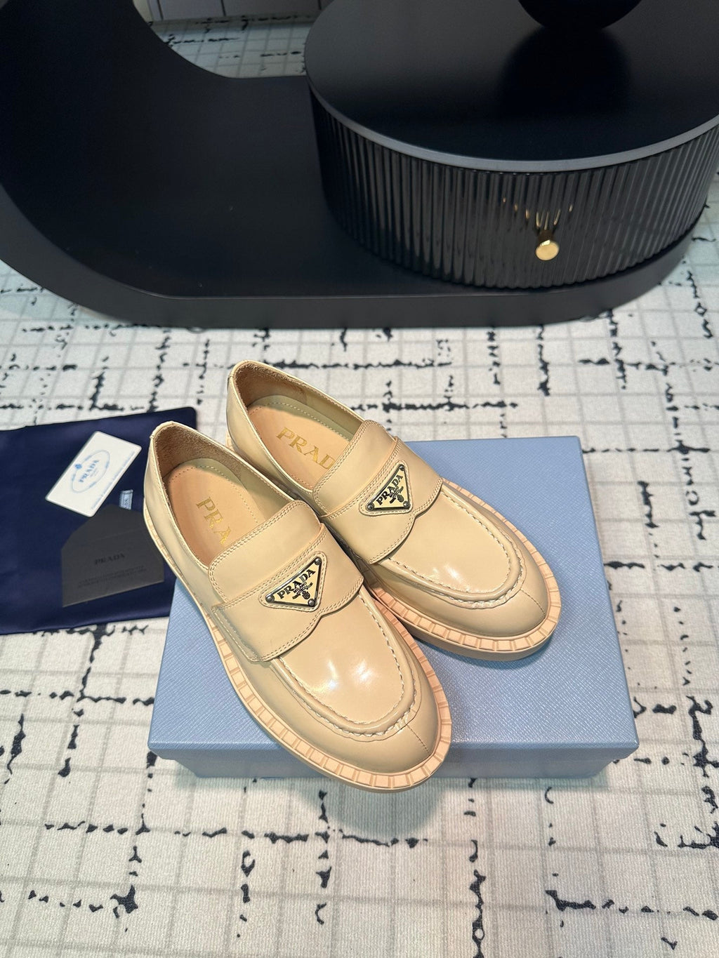 PRADA SCHOCOLATE BRUSHED LOAFERS CREAM CALFSKIN