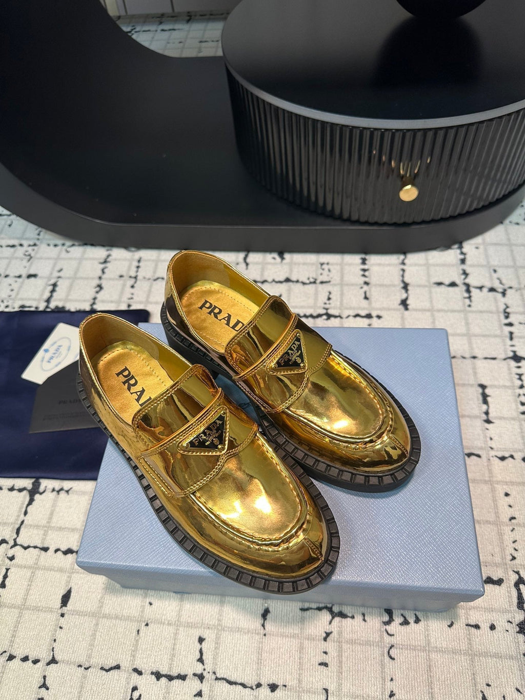 PRADA SCHOCOLATE BRUSHED LOAFERS METALLIC GOLD CALFSKIN