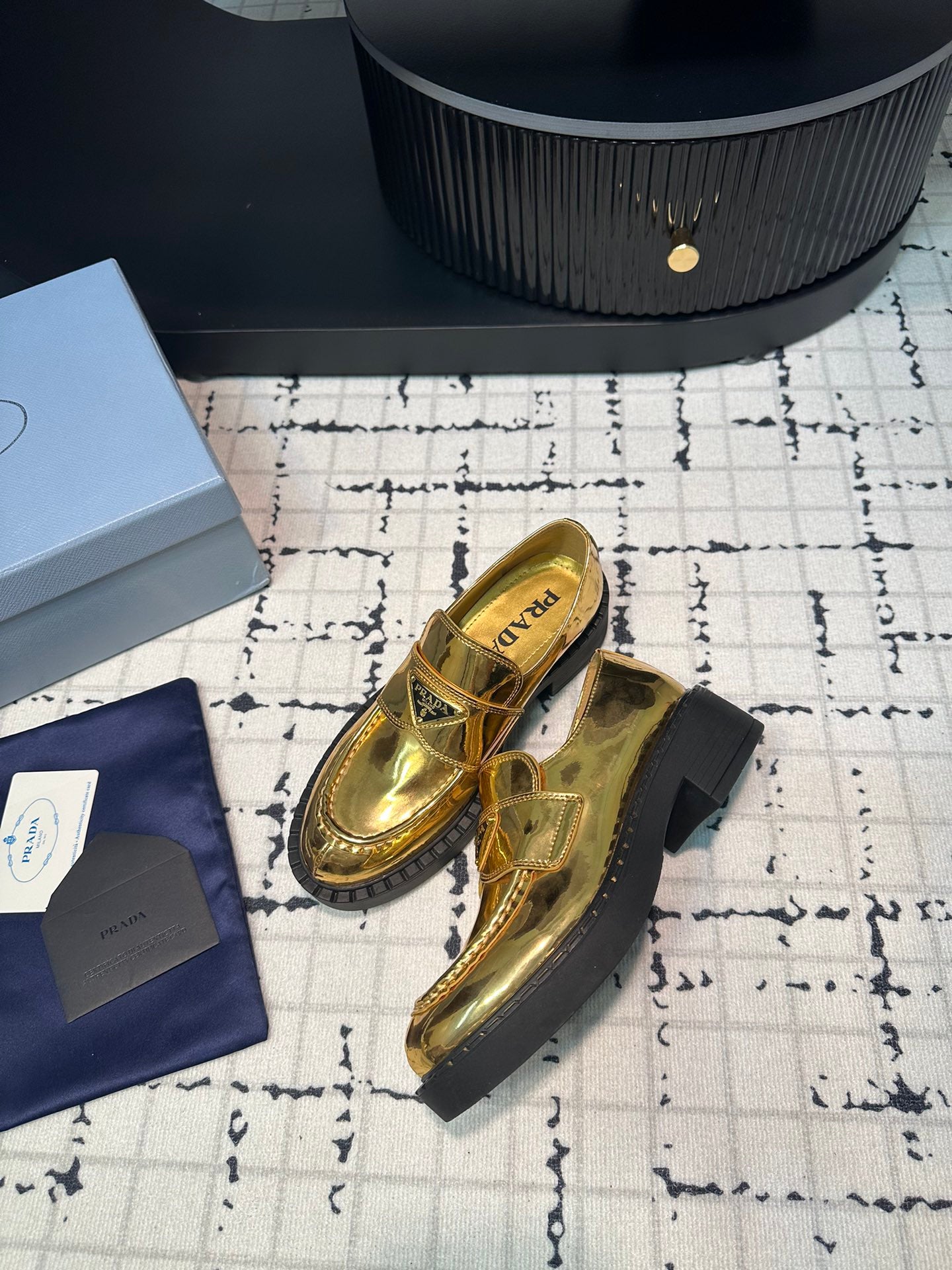 PRADA SCHOCOLATE BRUSHED LOAFERS METALLIC GOLD CALFSKIN