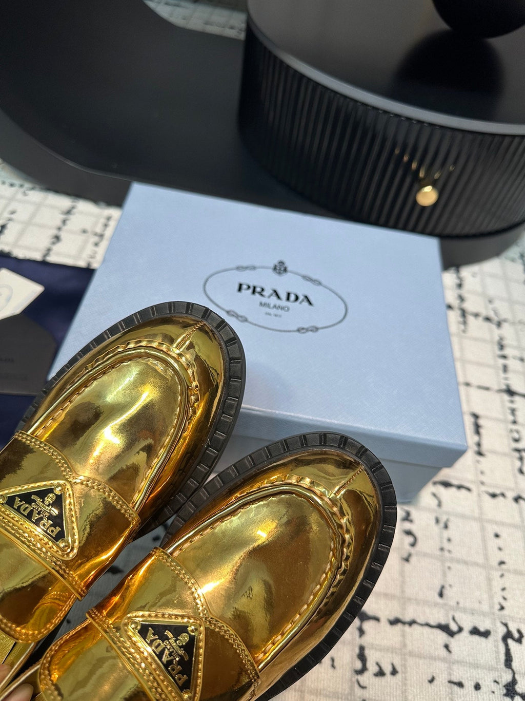 PRADA SCHOCOLATE BRUSHED LOAFERS METALLIC GOLD CALFSKIN
