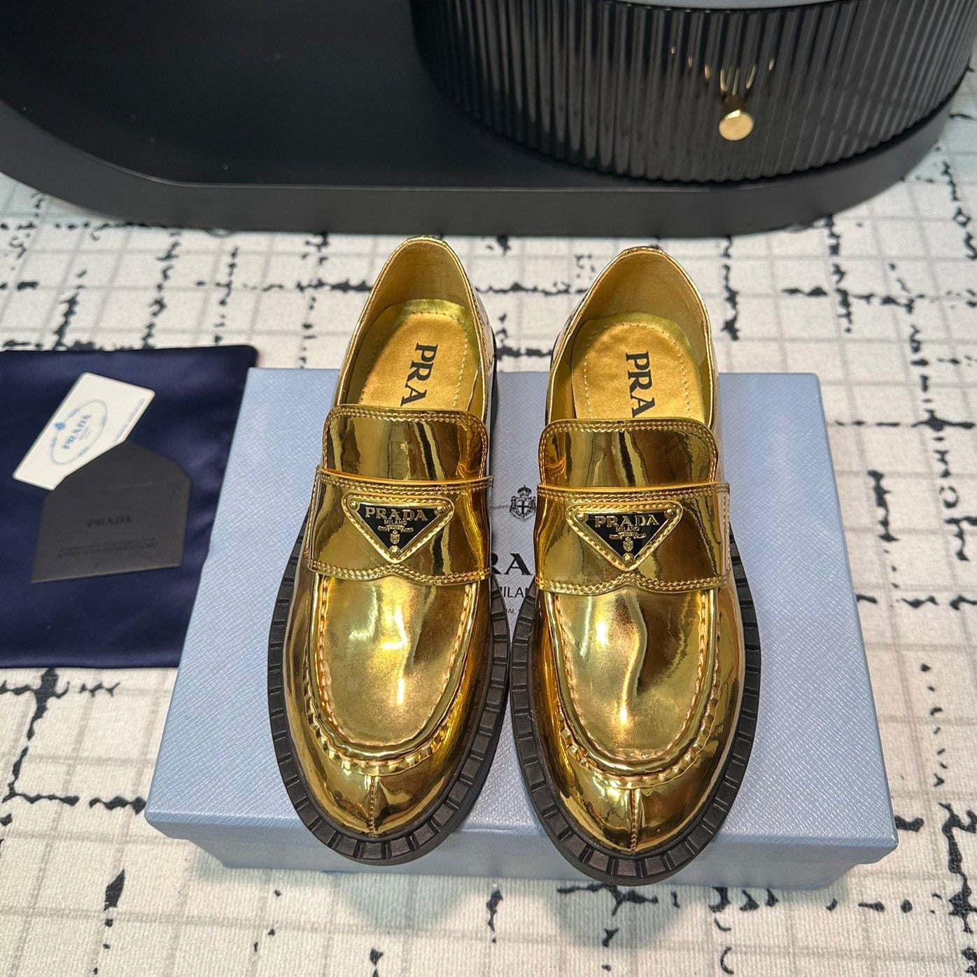 PRADA SCHOCOLATE BRUSHED LOAFERS METALLIC GOLD CALFSKIN