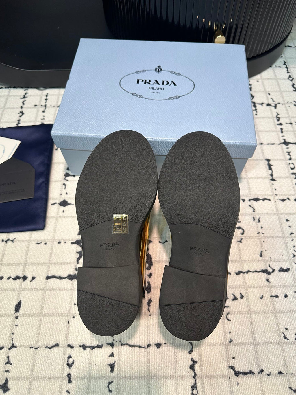 PRADA SCHOCOLATE BRUSHED LOAFERS METALLIC GOLD CALFSKIN