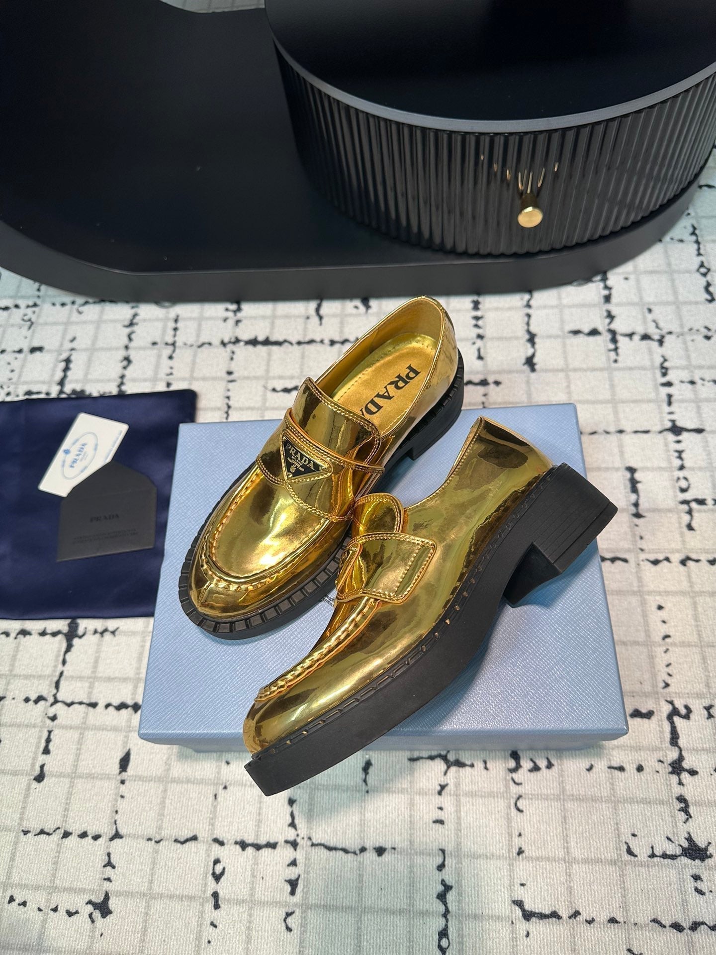 PRADA SCHOCOLATE BRUSHED LOAFERS METALLIC GOLD CALFSKIN