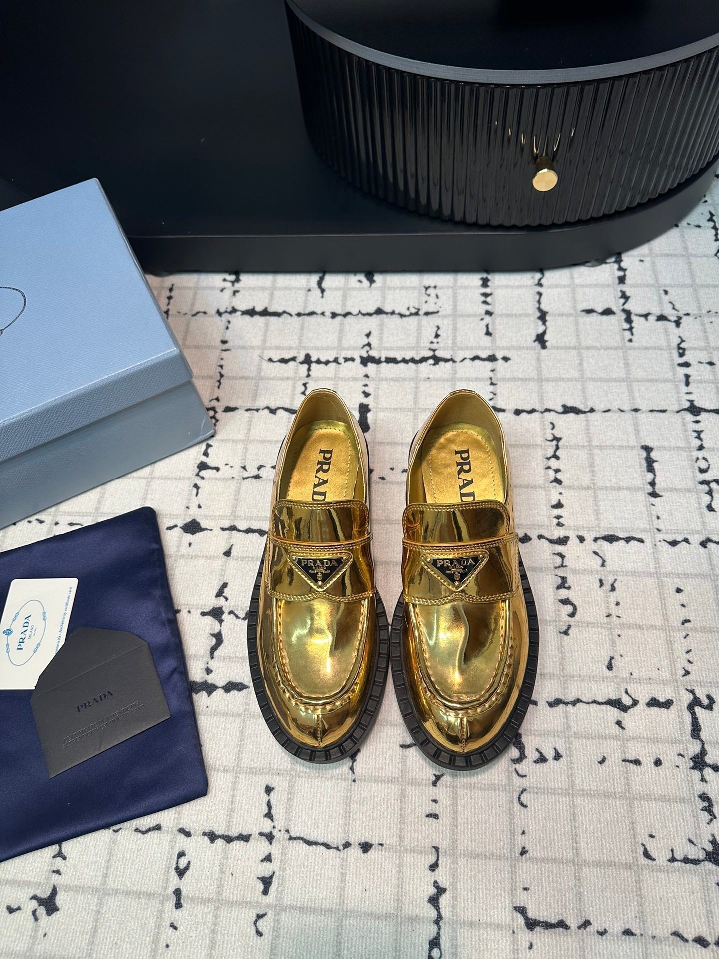 PRADA SCHOCOLATE BRUSHED LOAFERS METALLIC GOLD CALFSKIN