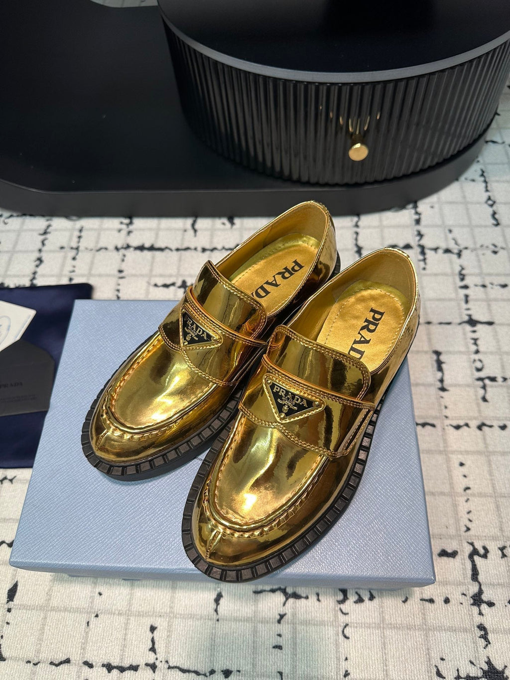 PRADA SCHOCOLATE BRUSHED LOAFERS METALLIC GOLD CALFSKIN
