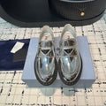 PRADA SCHOCOLATE BRUSHED LOAFERS GLOSSY SILVER CALFSKIN