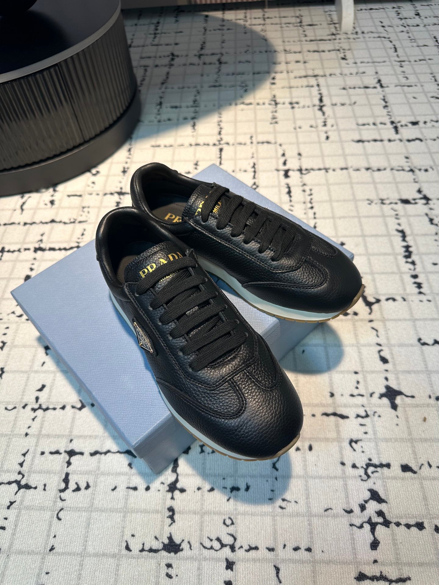 PRADA TRIANGLE LOGO SNEAKERS BLACK CALFSKIN