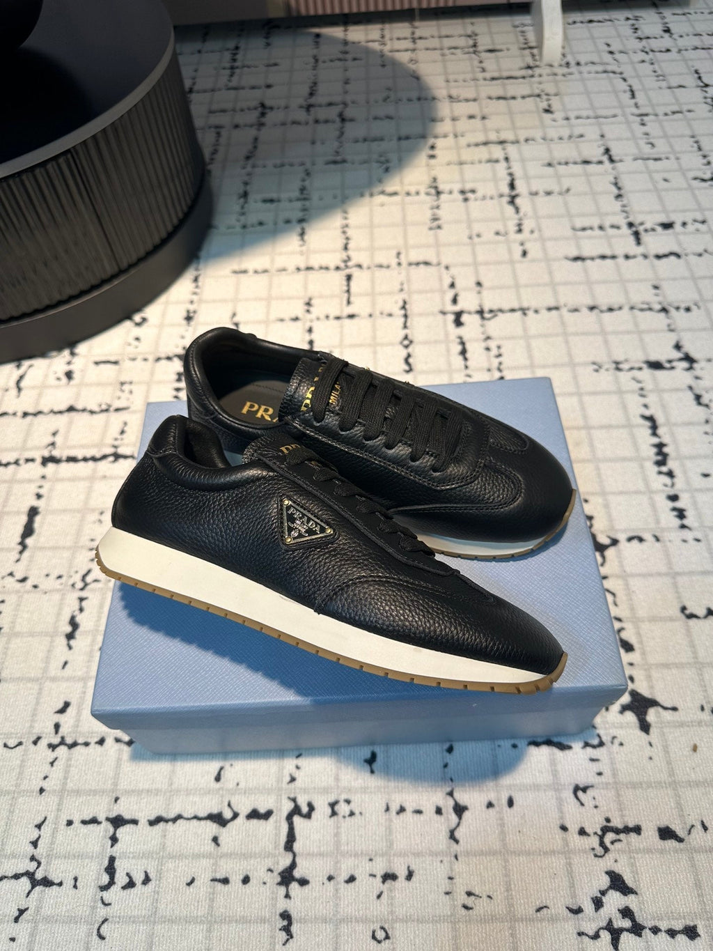 PRADA TRIANGLE LOGO SNEAKERS BLACK CALFSKIN