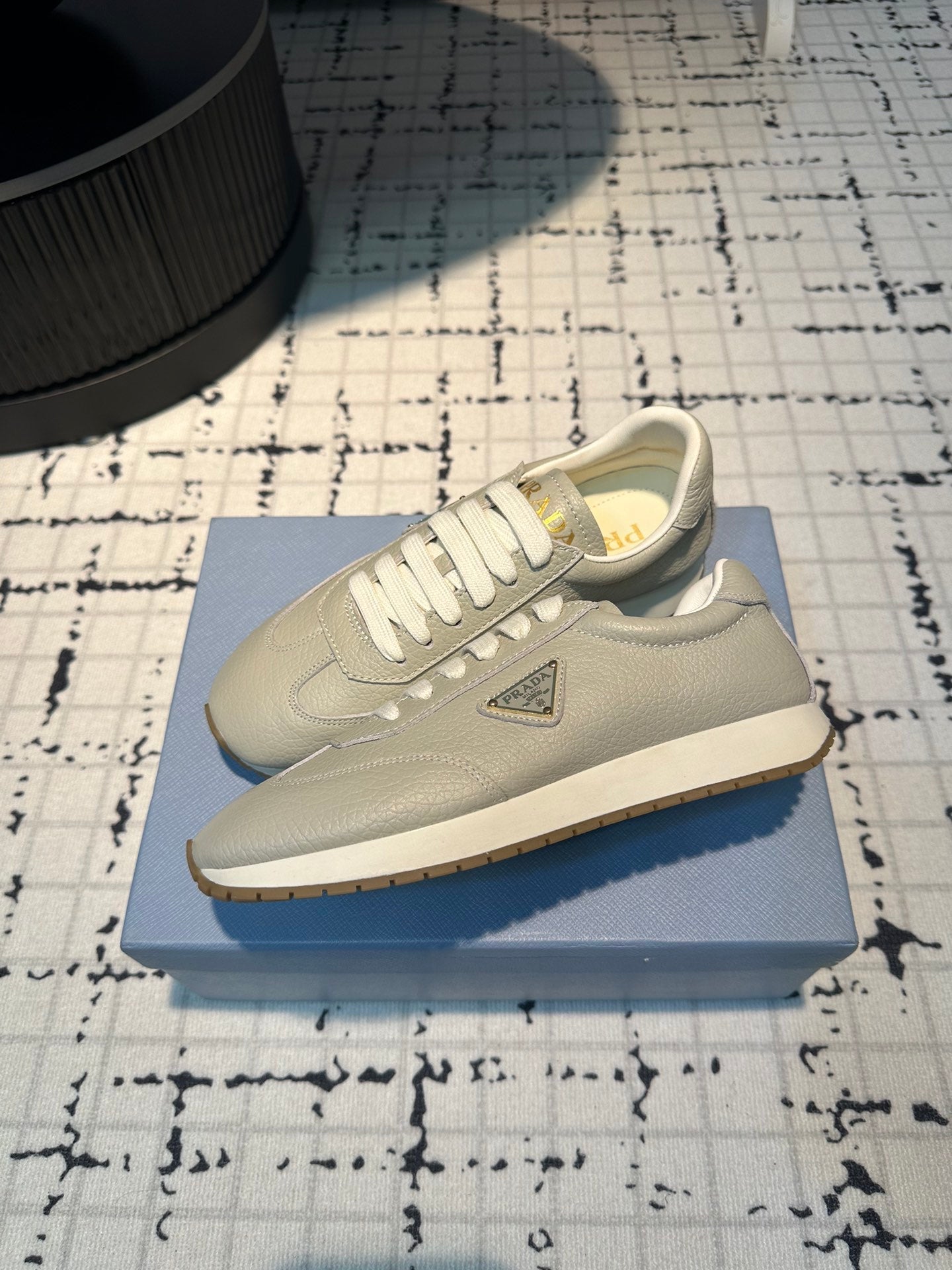 PRADA TRIANGLE LOGO SNEAKERS LIGHT GRAY CALFSKIN