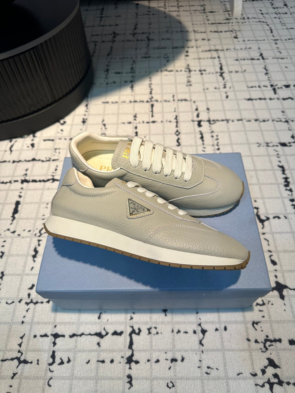 PRADA TRIANGLE LOGO SNEAKERS LIGHT GRAY CALFSKIN