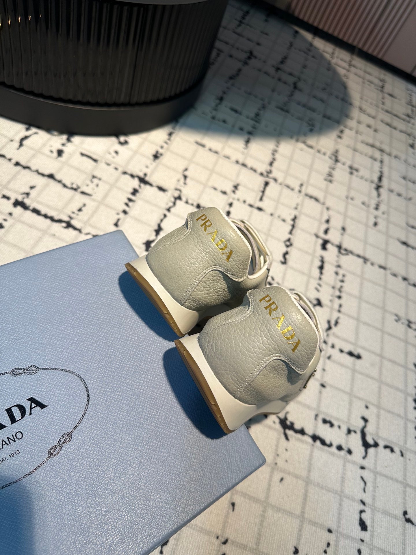 PRADA TRIANGLE LOGO SNEAKERS LIGHT GRAY CALFSKIN