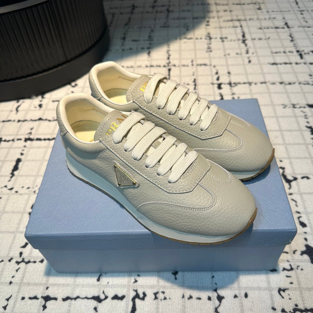 PRADA TRIANGLE LOGO SNEAKERS LIGHT GRAY CALFSKIN